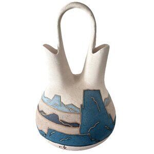 14” Blues & w/Gold Trim Navajo Ceramic Double Neck Wedding Vase Artist Signed”C”